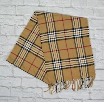 John Ashford Men's Scarf Fringe Wrap 100% Acrylic 12"X67" Great Gift Camel Plaid - Image 1 of 4