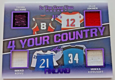 🔥#/15 TEEMU SELANNE KOIVU KIPRUSOFF 4 QUAD RELICS 2020-21 LEAF IN THE GAME USED - Image 1 of 4