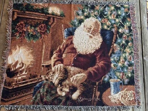 A Long Winters Nap Woven Throw Blanket 60" x 50" Santa Christmas Cat Fireplace - Picture 1 of 7