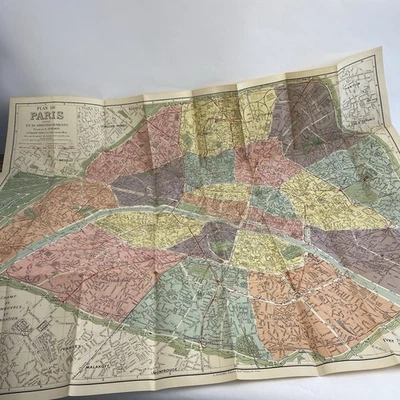 Vintage Antique Paris France Map In Folder Display Decor Two Sides Unknown Date - Image 1 of 4