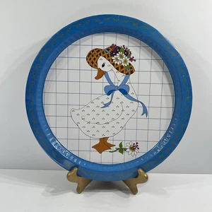 Vintage Giftco Country Goose Decor Blue Tin Tray Flowers Bonnet  13" Serving   - Picture 1 of 10