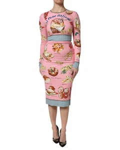 Dolce & Gabbana Italian Bread Print Midi Dress Women Pink Dresses - Picture 1 of 7