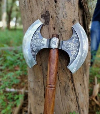 Custom Hand Forged Double Headed Viking Axe,Double Blade Axe with leather sheath - Image 1 of 4