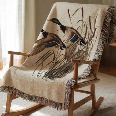 Hunting Cabin Mallard Duck Woven Blanket Cozy Rustic Woodland Decor - Image 1 of 4