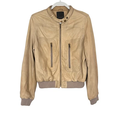 Chaqueta Bomber Joie Danica Moto Piel de Cordero Cuero Mujer Mediana Beige Cremallera Completa Tostado Foto 1 de 4