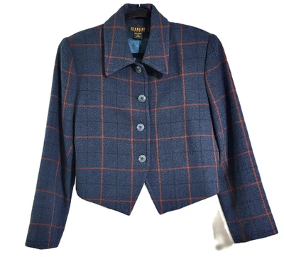 Jaqueta Blazer Georgiou Studio Feminina Lã Azul Xadrez Manga Longa Luxo Dinheiro Antigo - Imagem 1 de 4