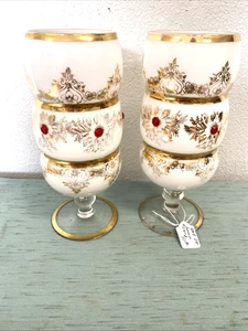 Vaso calice vintage boemo ceco bianco VACANZE NATALE bordo oro fiori ROSSO - Foto 1 di 13