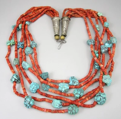 DRAMATIC BOHO ETHNIC HORN CORAL TURQUOISE SILVER TRADE BEAD 29" NECKLACE - Image 1 of 4