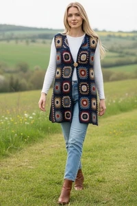 "Chaleco John Mark GrandmaCore Largo Crochet Multi Patrón Talla Grande 1 Botón 36""" - Imagen 1 de 12