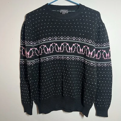 Antigo Suéter Feminino Gitano Pinguim Pontilhado Ilha Justa Tamanho 42 Preto Rosa Geométrico - Imagem 1 de 4