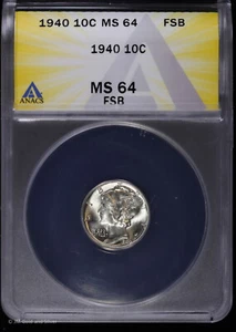 1940 10c Silver Mercury Dime ANACS MS 64 FSB | Uncirculated BU Full Split Bands - Picture 1 of 4