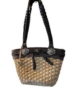Brighton Straw and Black Leather Handles & Edging And Floral Inside Shoulder Bag - Picture 1 of 6