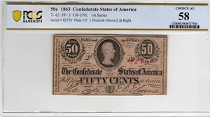 T-63 PF-3 1863 $0.50 Confederate Paper Money - PCGS-B Choice About Unc 58 - Picture 1 of 2