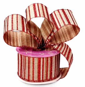 Christmas Horizontal Stripe 2.5" by 5 yards Tan White Red Glittered Wired Ribbon - Picture 1 of 2