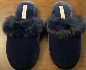 Laura Ashley Ladies Mules/Slippers. NWOB. Size 5-6. Blue/Rabbit Fur Trim. - Picture 1 of 5