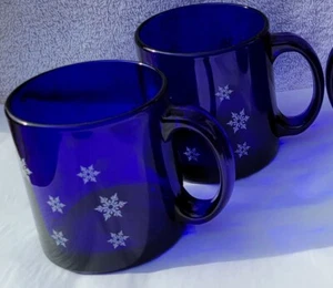 Cobalt Blue Glass Coffee Mug White Snowflakes Made in USA Set Of 2 - Picture 1 of 3