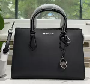 MICHAEL KORS SHEILA MEDIUM SATCHEL SHOULDER BAG PURSE TOTE LOGO MK BLACK SILVER - Picture 1 of 14