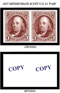 1847 5¢ IMPERFORATE U.S. SCOTT #1 PAIR -REPRODUCTION- - Picture 1 of 1