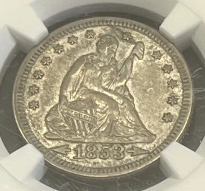 1853 ARROWS AND RAYS SEATED LIBERTY SILVER QUARTER NGC AU 55 ACTUAL COIN #H390 - Image 1 of 4