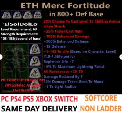 ✅PC PS4 PS5 XBOX SWITCH✅Merc Fortitude +300%DMG Diablo 2 Resurrected Items D2R - Image 1 of 3