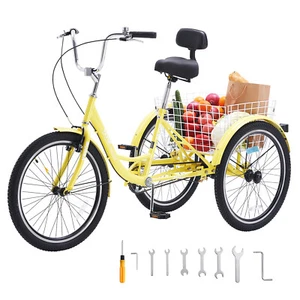 VEVOR 20" Adult Tricycles Bike 3 Wheel Bike Trike Bicycle Carbon Steel Yellow - Picture 1 of 12