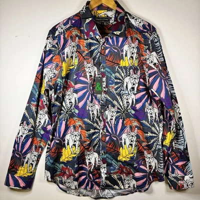 Camisa social slim fit paisley & cinza tropical buldogue francês MULTICOLORIDA/GG nova com etiquetas - Imagem 1 de 4