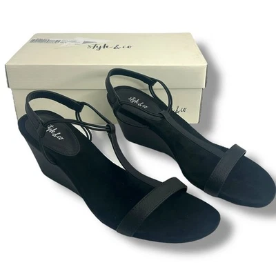 NEW Style & Co Black Mulan Wedge Sandals Size 12 T-Strap Low Heel Open Toe  - Image 1 of 4