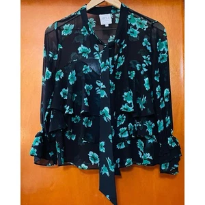 Misa Los Angeles Floral Tie Neck Ruffled Blouse Black Green Top Size XS - Picture 1 of 10