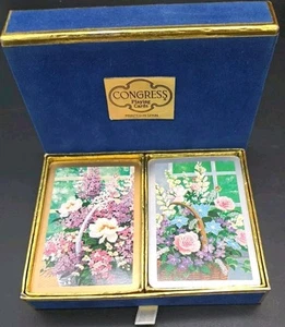 Vintage Congress Flower Basket Playing Cards 2 Decks In Velveteen Drawer Case - Picture 1 of 5