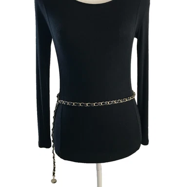 Guess Women's Chain Belt Small-Medium Gold Black Faux Leather Weave Metal Links - Image 1 of 4