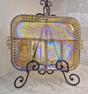 MCM Vintage Indian Glass Carnival Handled Charcuterie Sectioned Fruit Tray Dish - Picture 1 of 10