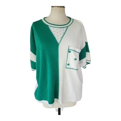 Ms. Russ Green & White Graphic Colorblock Top | Vintage 80s Style | Size 1X - Image 1 of 4