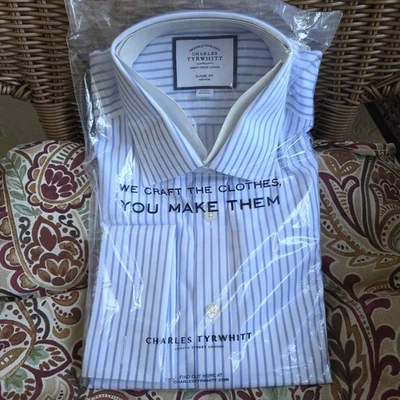 Charles Tyrwhitt Men’s Shirt 16/33 NWT French Cuff White Blue Stripe Classic Fit - Image 1 of 4