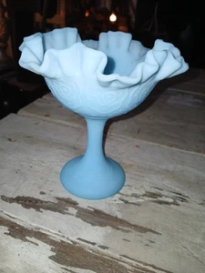 Fenton Blue Satin Persian Medallion Glass Compote Candy Dish 6 1/4” Ruffled Edge - Picture 1 of 5