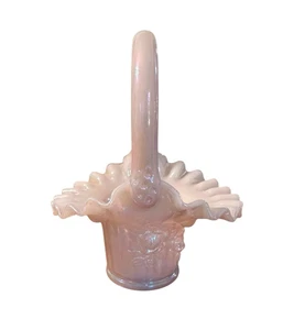 Vintage Fenton 7″ Iridescent Opalescent Rose Embossed Glass Basket with Handle - Picture 1 of 12