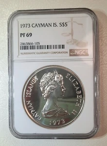 1973 CAYMAN ISLANDS, SILVER 5 DOLLAR -- NGC PF 69, FINEST KNOWN - Picture 1 of 2