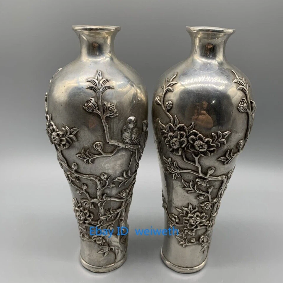 A Pair Old China Tibet Silver Carving Flower Vase W Qianlong Mark 38043 - Image 1 of 4