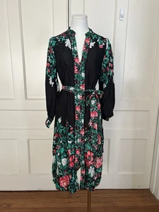By Anthopologie Floral Belted Midi Shirt Dress Womens Size SP Black Red Classic - Picture 1 of 9