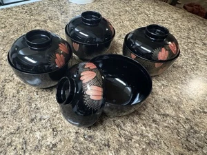 Japanese Lacquer Set of 4 Lidded Soup Bowl - Picture 1 of 3