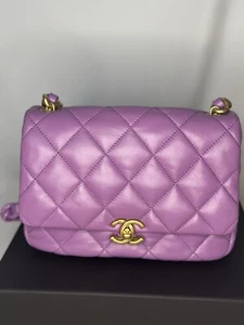CHANEL Lambskin Quilted Mini Lacquered Chain Flap Purple - Picture 1 of 10