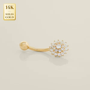 14K Solid Gold CZ Flower Belly Piercing Curved Barbell Body Jewelry 14Gauge - Picture 1 of 5