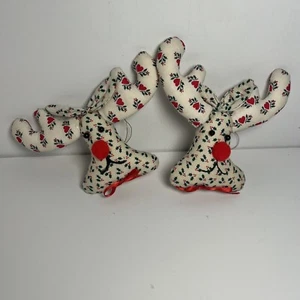 2 Vintage Fabric Reindeer Head Handmade Christmas Ornaments Deer Green Red White - Picture 1 of 4