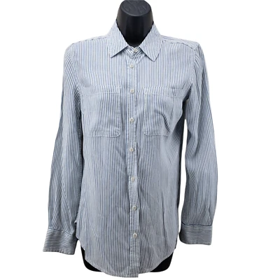 Merona Women's Shirt Size XS Blue White Striped Long Sleeve Rayon Top - Image 1 of 4