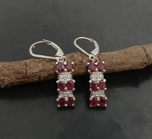 925 Sterling Silver Natural Ruby & CZ Woman Anniversary Earring Jewellery E-422 - Picture 1 of 11