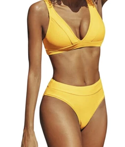 CUPSHE Women's Bright Yellow V Neck Wide Straps Bikini Sets Sz M - Picture 1 of 4