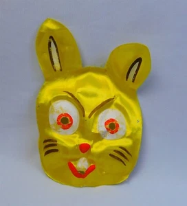 Vtg Scary Bunny Rabbit Starched Gauze Halloween Face Mask Costume Yellow 12" - Picture 1 of 6