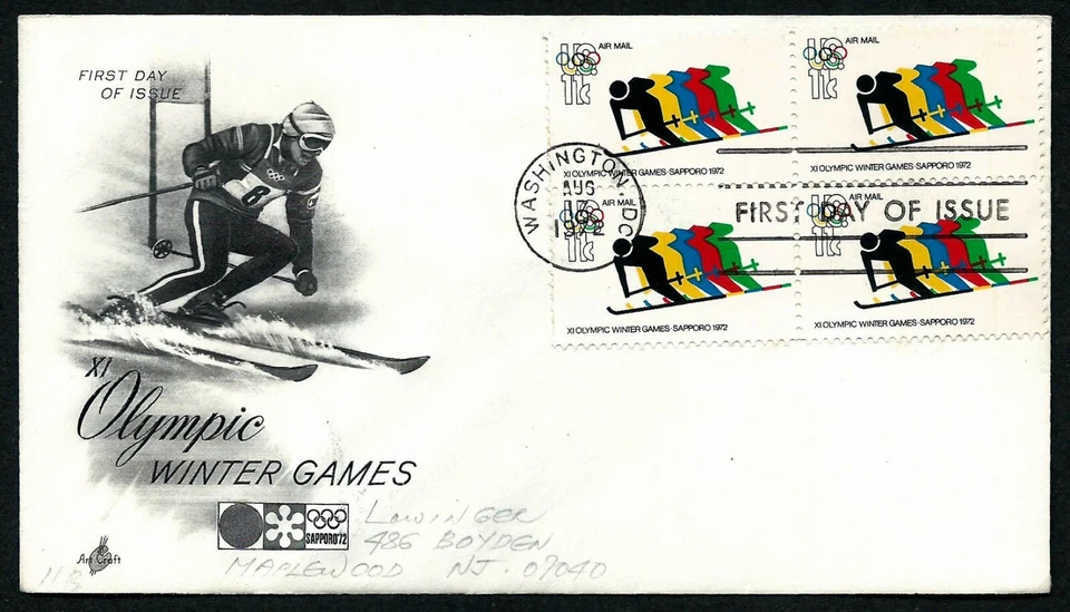 USA, SCOTT # C85, WITH ADDRESS FDC COVER OF WINTER OLYMPIC GAMES, SKIING BLOCK - Image 1 of 1