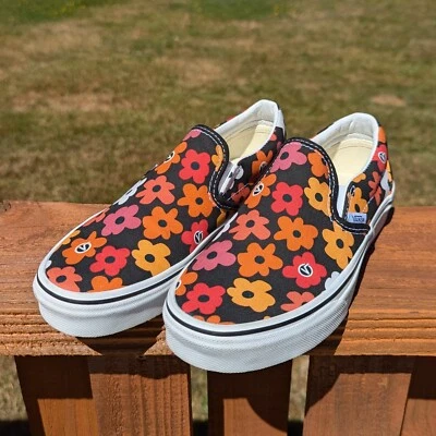 Vans Zapatos de Skate Negros Florales Sin Cordones Talla 6 Mujeres Flores Años 70 Groovy Hippie Foto 1 de 4