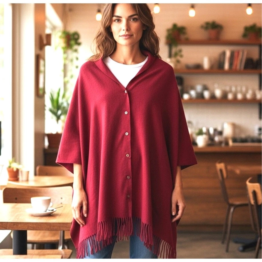 Fadivo NY Poncho Cape Shawl NWT Red One Size Fringe Snap Front Cottage Core - Image 1 of 4