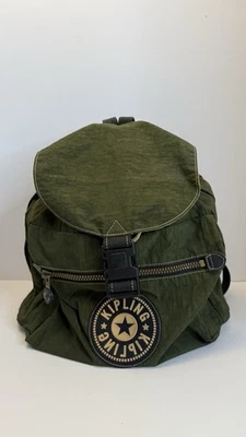 Vintage Kipling Backpack Olive Green Drawstring Flap Nylon Bag - Image 1 of 4